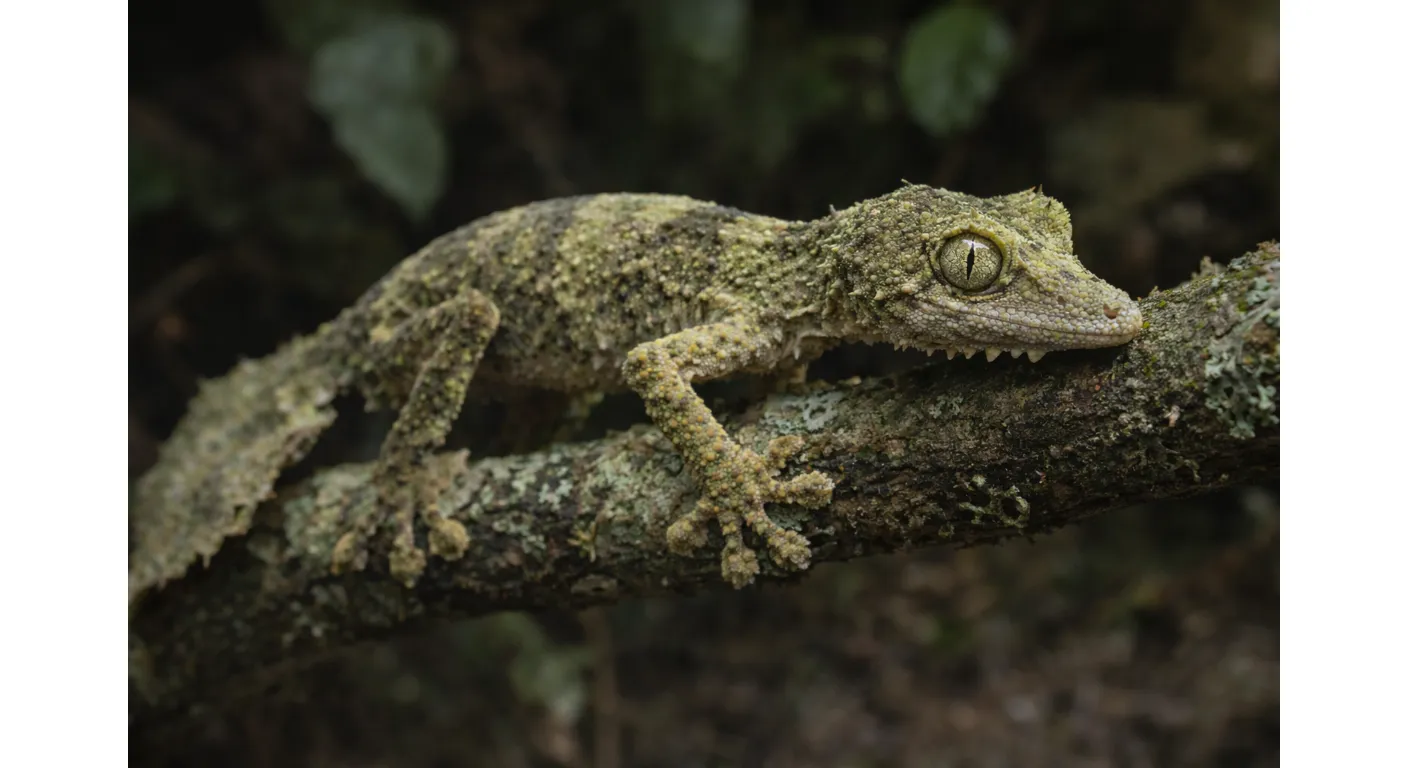 Mossy Bladhalet Gekko – Tropisk terrarium med høj fugtighed og naturlig camouflage